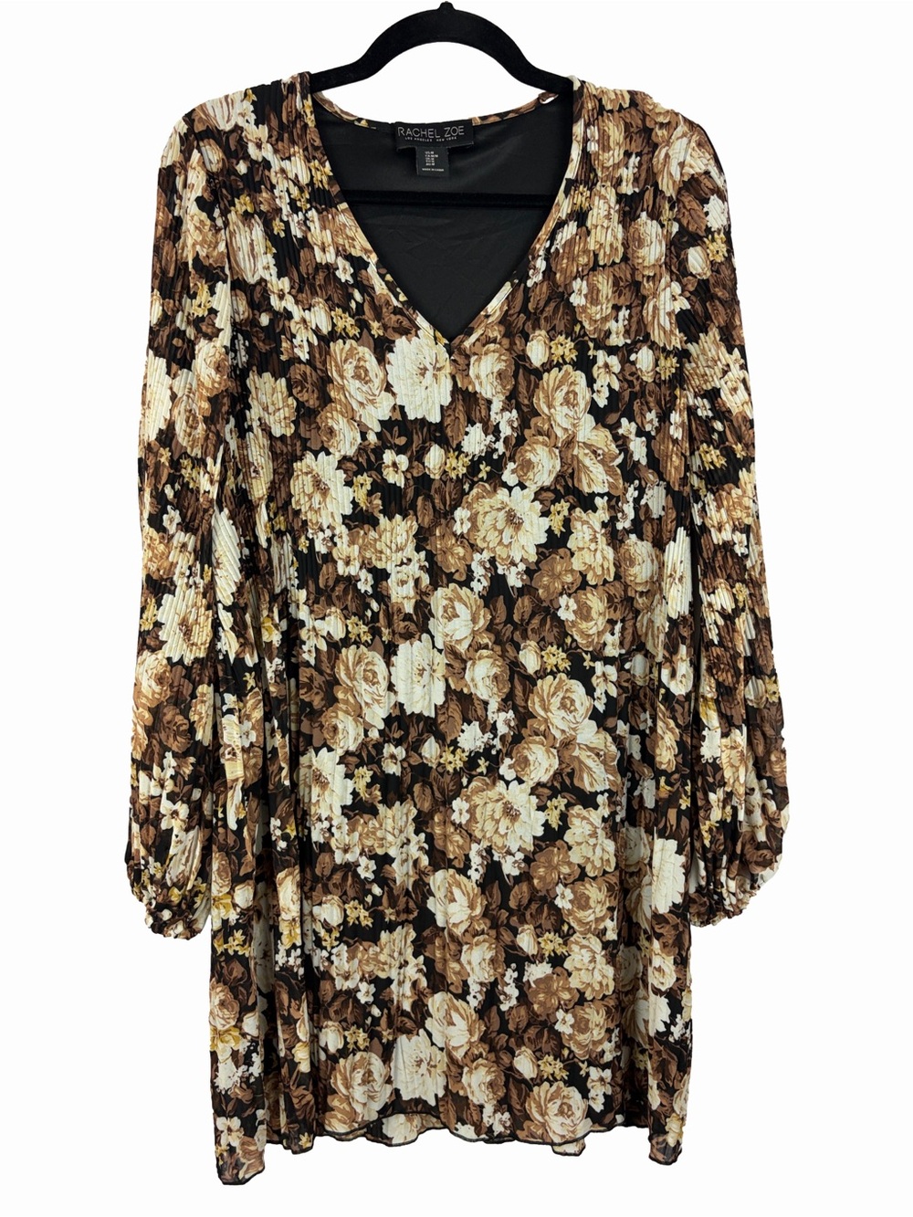 Rachel Zoe Pleated Floral Long Sleeve Mini Dress Brown Black Medium